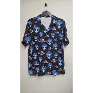 ACE Shirt Mens Large Black Alien Galaxy Planets Button Up Short Sleeve